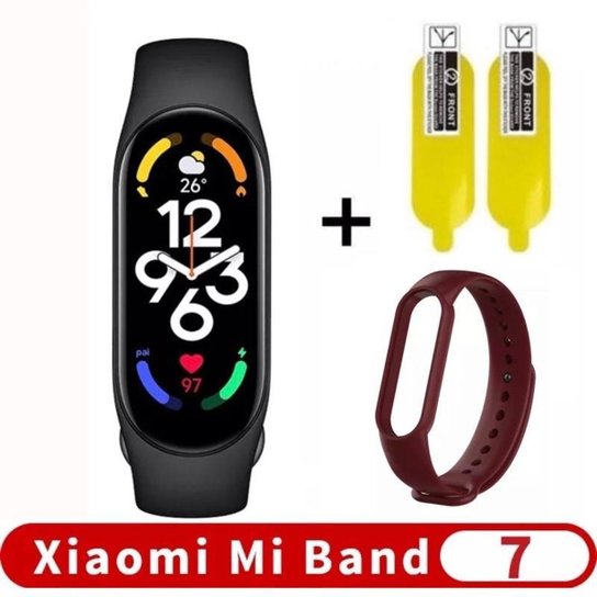 Kit Relógio Inteligente Smartwatch MI Band 7 Xiaomi V. Global 2022 + Pulseira e Película - Preto Menor preço em Kit Relógio Inteligente Smartwatch MI Band 7 Xiaomi V. Global 2022 + Pulseira e Película - Preto