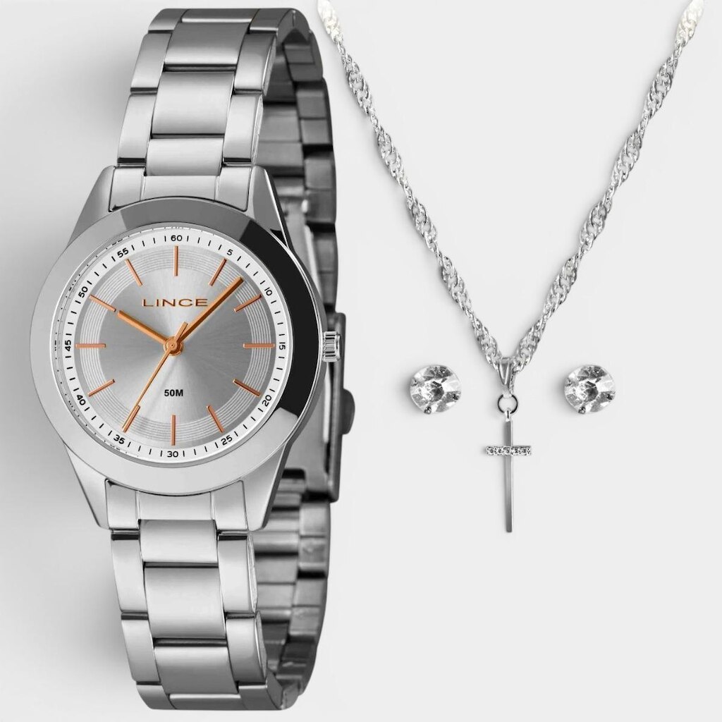 Kit Relógio Lince Analógico Pulseira Mesh + Colar e Brinco Feminino - Prata e Cobre - Único