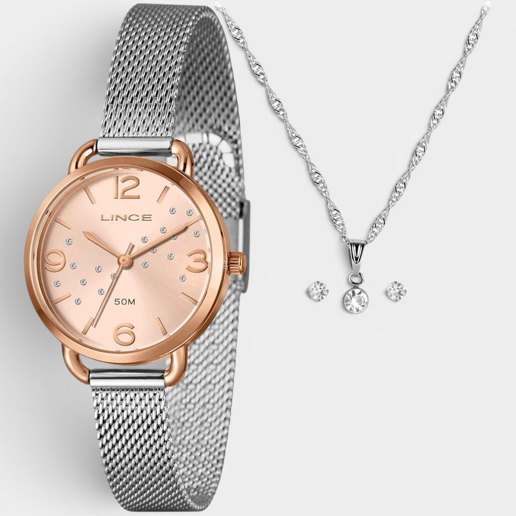 Kit Relógio Lince Analógico Pulseira Mesh + Colar e Brinco Feminino - Prata e Rose - Único