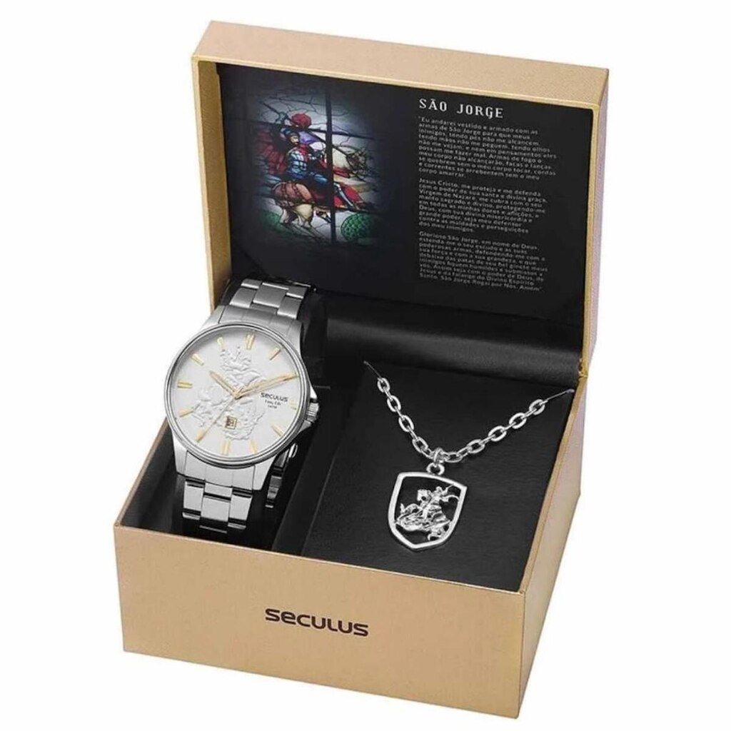 Kit Relógio Masc Prata Seculus Colar São Jorge 44009G0SKNA2