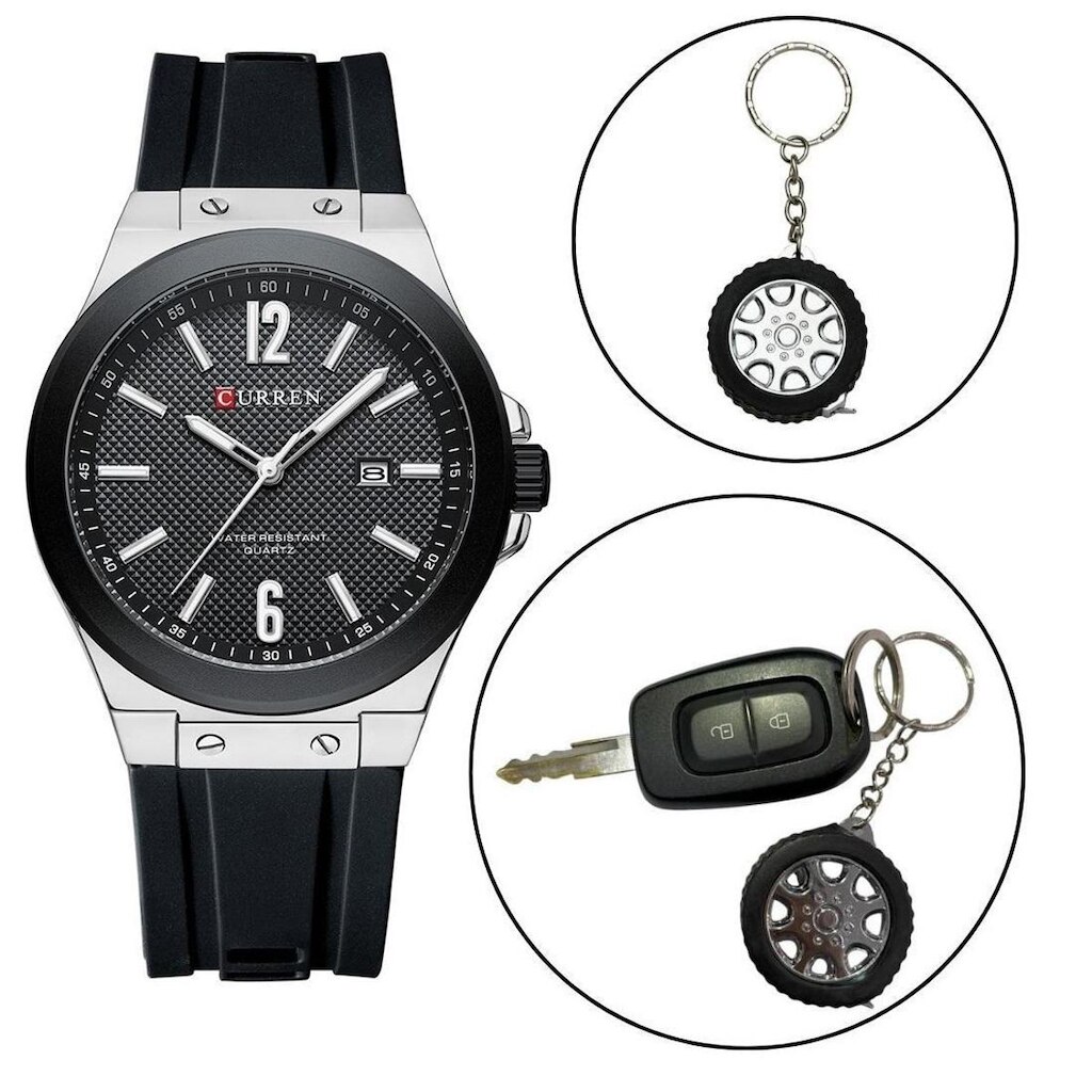Kit Relógio Masculino Original Curren Aço + Chaveiro Roda