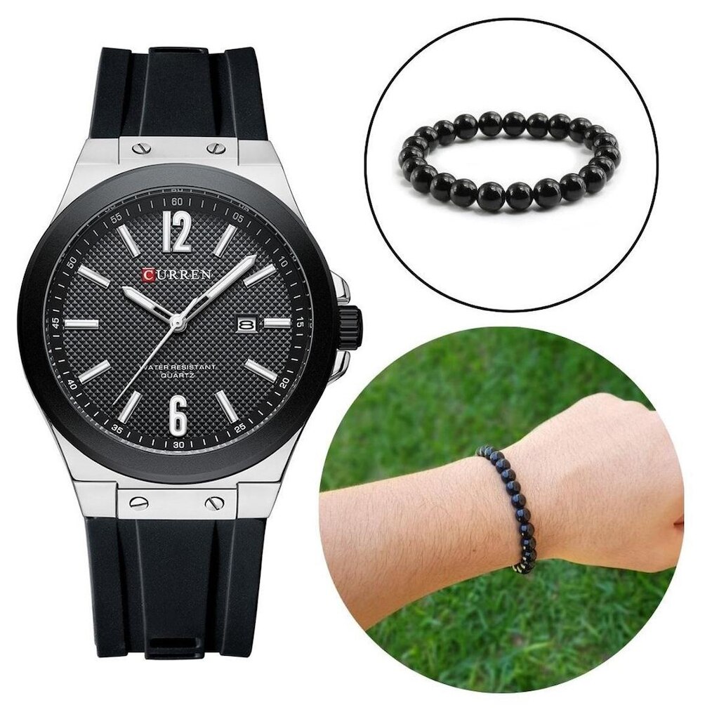 Kit Relógio Masculino Quartzo Curren Luxo + Pulseira Bolinha
