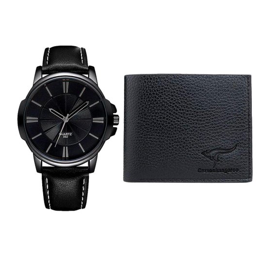 Kit Relógio Masculino Social + Carteira Slim Executivo - Preto Menor preço em Kit Relógio Masculino Social + Carteira Slim Executivo - Preto