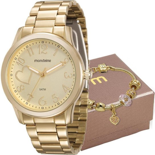 Kit Relógio Mondaine com Pulseira Feminino - Dourado Menor preço em Kit Relógio Mondaine com Pulseira Feminino - Dourado
