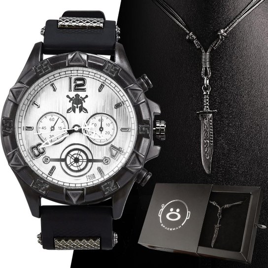 Kit Relógio Pulseira de Silicone Com Colar Gladiador Masculino - Preto Menor preço em Kit Relógio Pulseira de Silicone Com Colar Gladiador Masculino - Preto
