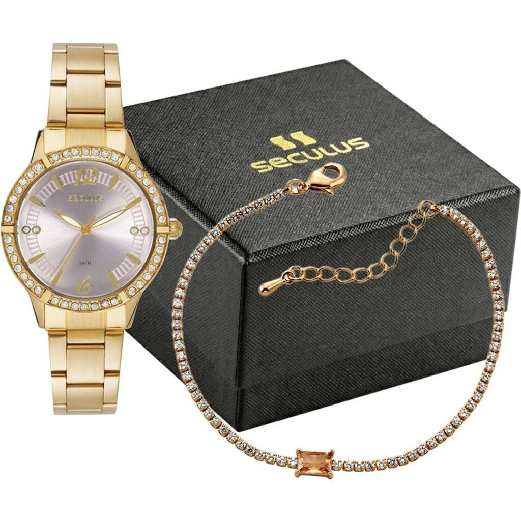 Kit Relógio Seculus Dourado e Pulseira 44345LPSKDA1K1