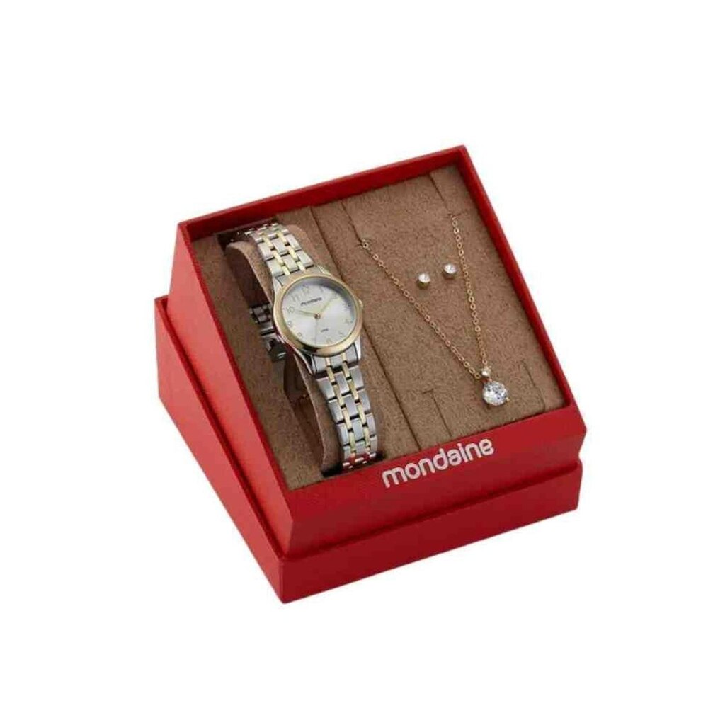 Kit Relógio+Colar+Brinco Mondaine Clássico Prata/Dourado 326