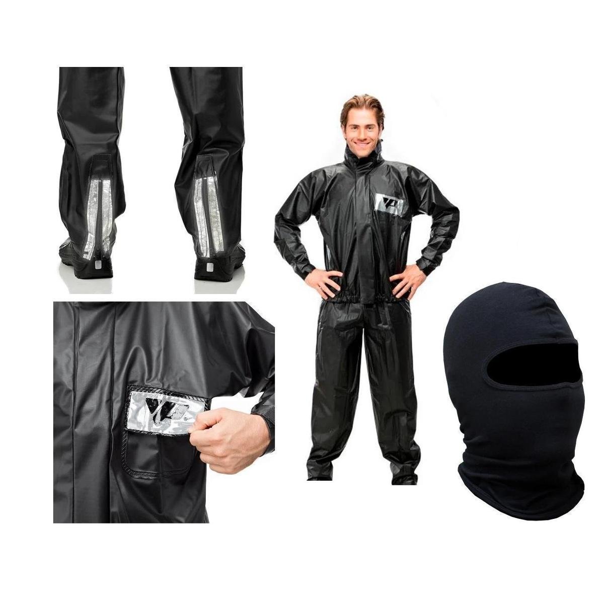 Kit Roupa de Chuva Pantaneiro Jaqueta + Calça P.v.c Preta Moto + Capuz Touca Ninja Menor preço em Kit Roupa de Chuva Pantaneiro Jaqueta + Calça P.v.c Preta Moto + Capuz Touca Ninja