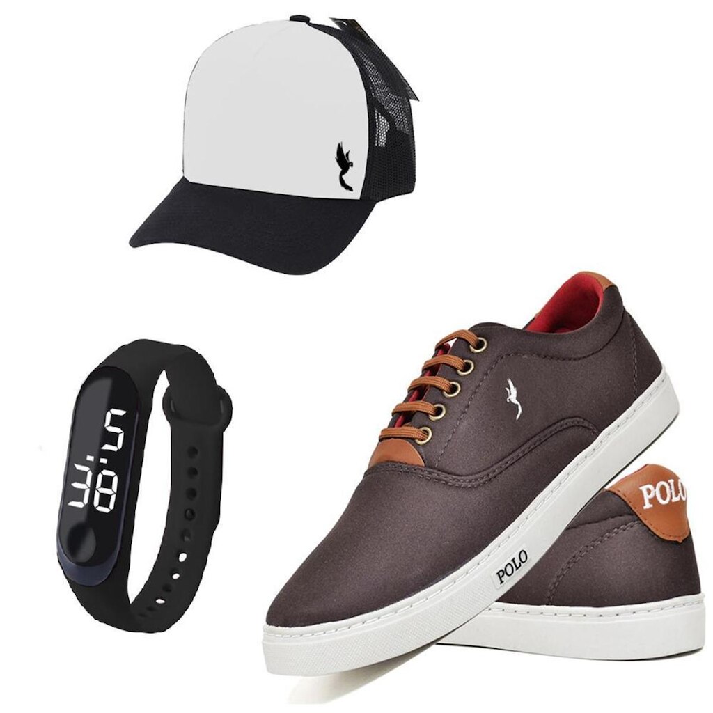 Kit Sapatênis Casual Com Boné e Relógio Digital