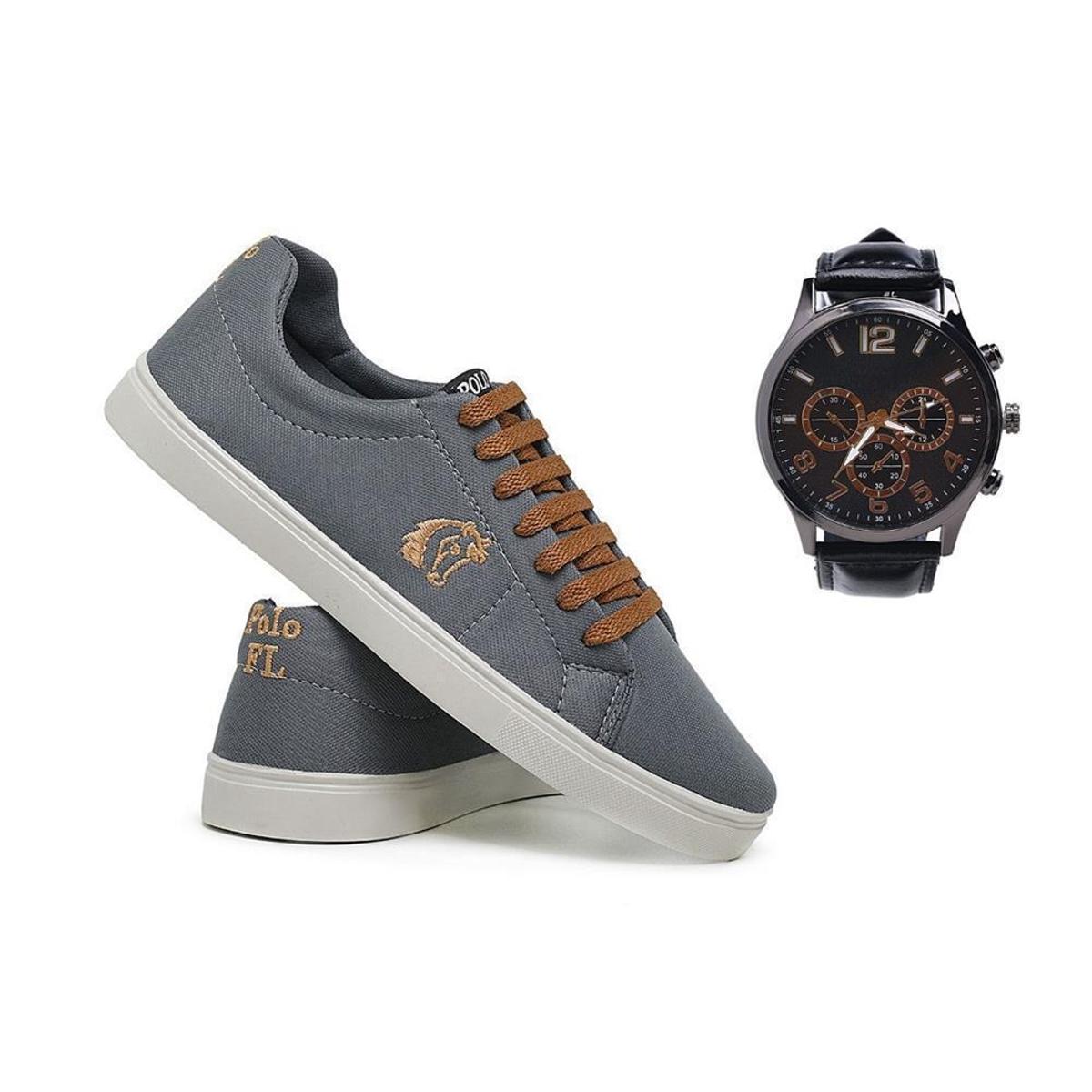 Kit Sapatênis Masculino Lona Casual + Relógio Analógico - Cafe | Netshoes