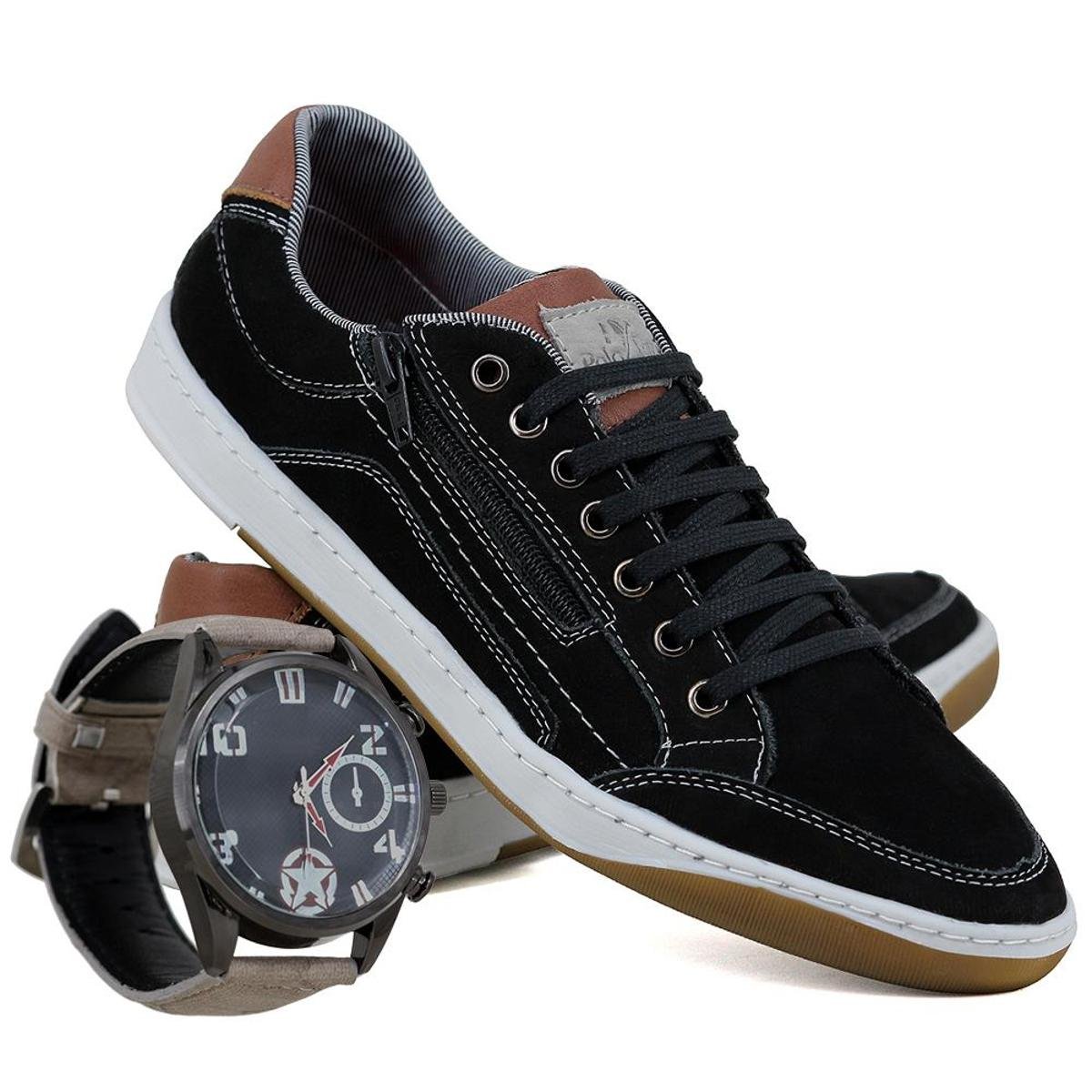 Kit Sapatênis Polo Joy Couro com Detalhes e Relógio Confort Masculino -  Preto | Netshoes
