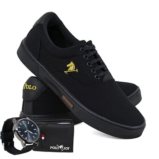 Kit Sapatênis Polo Joy Lona + Relógio + Carteira Masculino - Preto+Chumbo