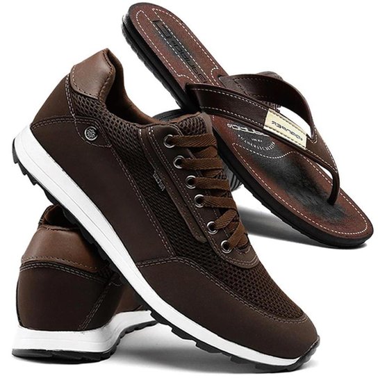 Kit Sapatênis Tênis Sapatofran Casual Esporte Fino Conforto + Chinelo Masculino - Café Menor preço em Kit Sapatênis Tênis Sapatofran Casual Esporte Fino Conforto + Chinelo Masculino - Café