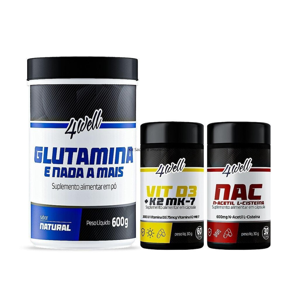Kit Saúde e Imunidade  L-Glutamina 600g + NAC + Vitamina D3 + K2