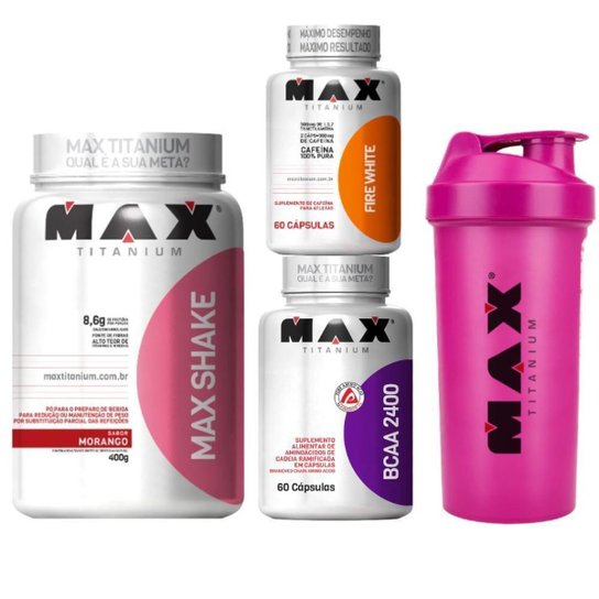Kit Seca Barriga Max Shake + Bcaa 2400 + Fire White + Coqueteleira Menor preço em Kit Seca Barriga Max Shake + Bcaa 2400 + Fire White + Coqueteleira