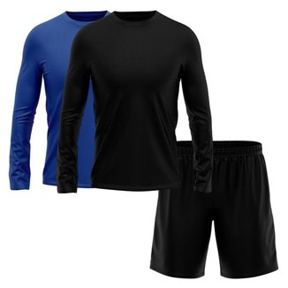 Kit Short + 2 Camisetas Masculina Manga Longa Segunda Pele Esporte Treino