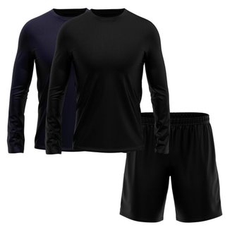 Kit Short + 2 Camisetas Masculina Manga Longa Segunda Pele Esporte Treino