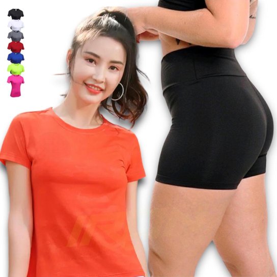 Kit Short Legging Cós Alto + Camiseta Fitness Corrida Academia Dry PLT 380 - Preto+Branco Menor preço em Kit Short Legging Cós Alto + Camiseta Fitness Corrida Academia Dry PLT 380 - Preto+Branco