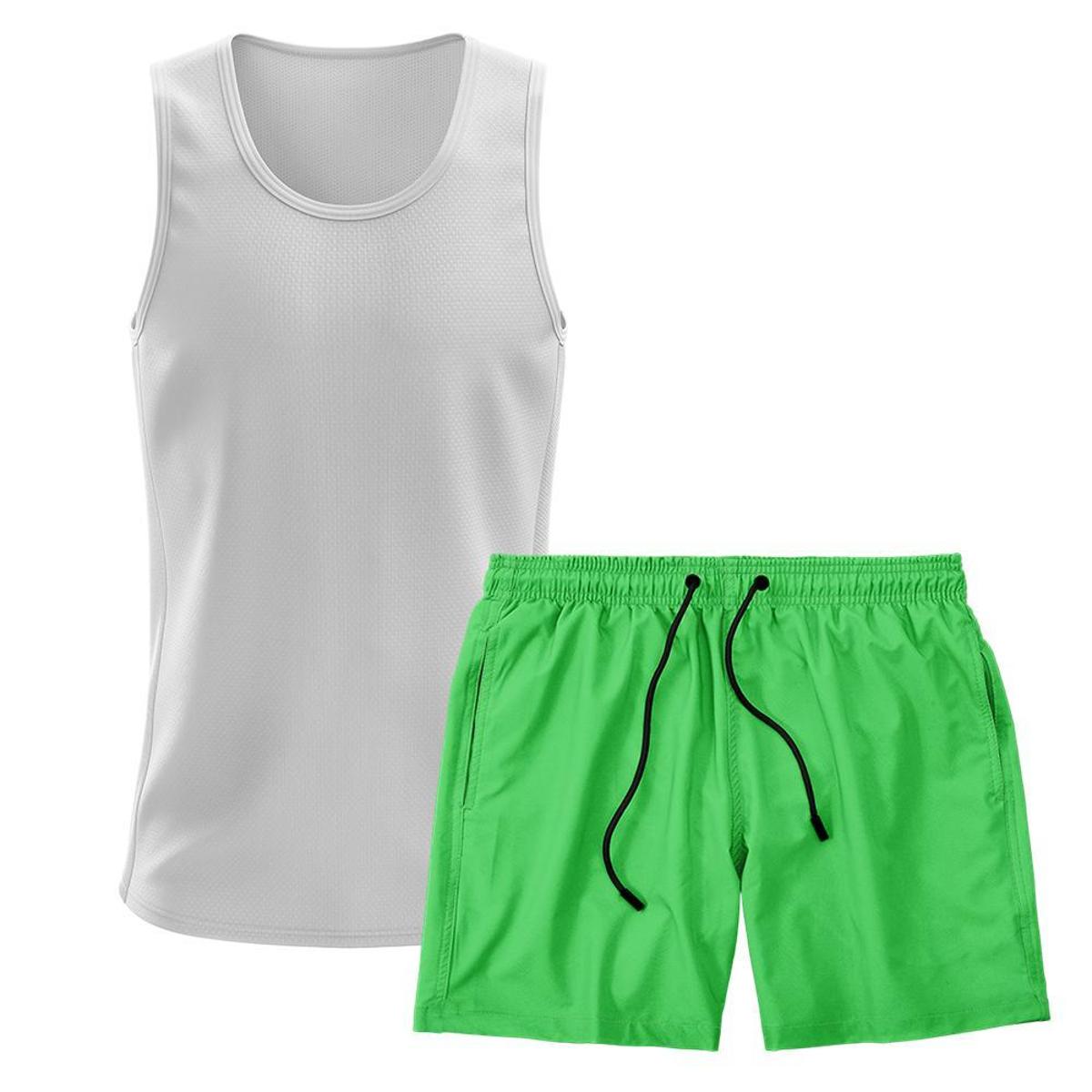 Kit Short Praia Academia Passeio Treino Verde + Regata Masculina Lisa Básica Dry