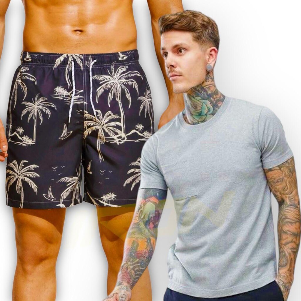 Kit Shorts Tactel + Camiseta Algodão Bermuda Masculina COQUEIRO 1 392
