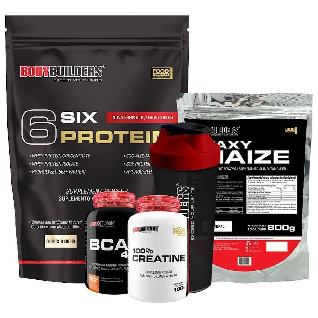 Kit Six Protein 2kg + BCAA 100g + Creatine 100g + Waxy Maize 800g + Coqueteleira - Bodybuilders