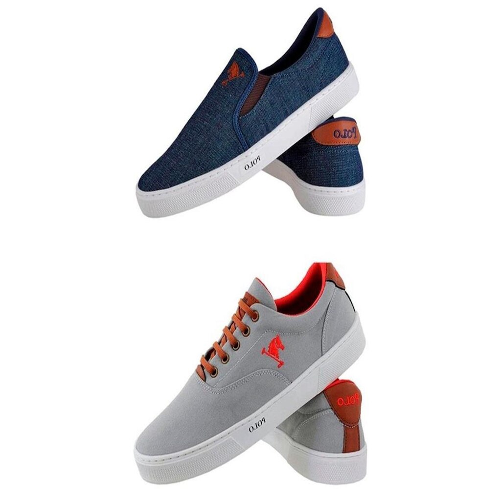 Kit Slip On e Tênis Casual Masculino Com Sola Reta Em Tecido e Detalhe Bordado