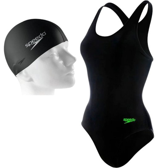 Kit Speedo Natação Hidroginástica Feminino Maio e Touca - Preto Menor preço em Kit Speedo Natação Hidroginástica Feminino Maio e Touca - Preto