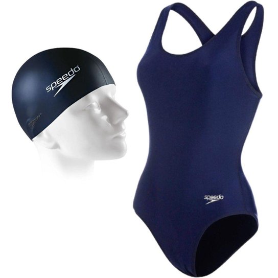 Kit Speedo Natação Hidroginástica Feminino Maio e Touca - Marinho Menor preço em Kit Speedo Natação Hidroginástica Feminino Maio e Touca - Marinho