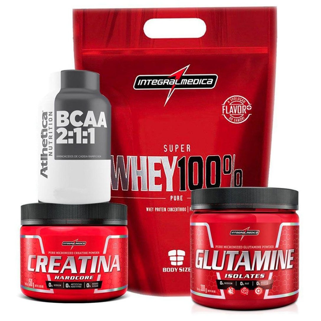 Kit Super Whey 900G +Bcaa + Creatina 150G +Glutamina Morango Netshoes