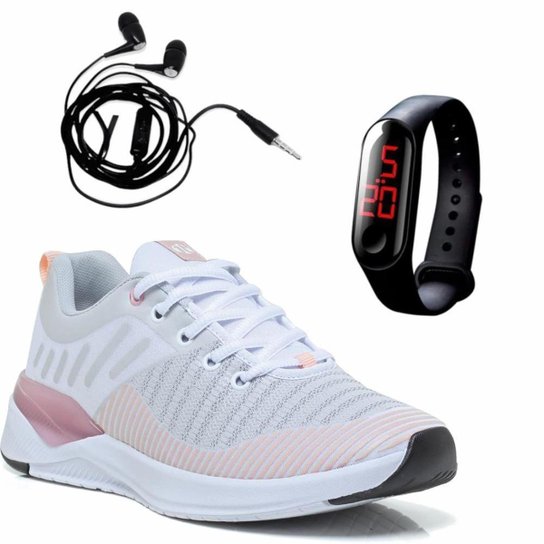 Kit Tênis Academia Feminino + Relógio Digital LED + Fone de Ouvido - Branco+Nude Menor preço em Kit Tênis Academia Feminino + Relógio Digital LED + Fone de Ouvido - Branco+Nude