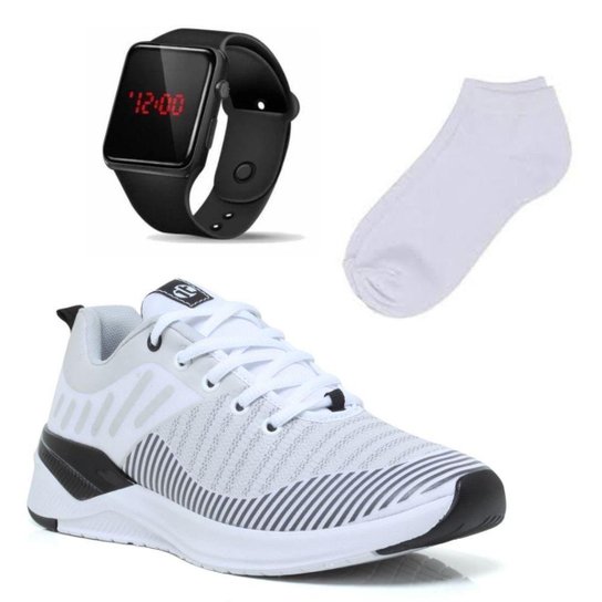 Kit Tênis Academia Feminino + Relógio Digital + Meia - Branco+Preto Menor preço em Kit Tênis Academia Feminino + Relógio Digital + Meia - Branco+Preto