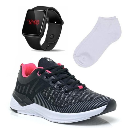 Kit Tênis Academia Feminino + Relógio Digital + Meia - Preto+Rosa Menor preço em Kit Tênis Academia Feminino + Relógio Digital + Meia - Preto+Rosa