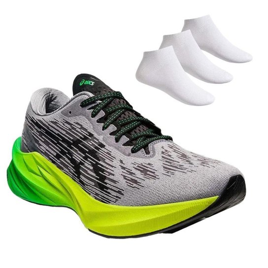 Kit Tênis Asics Novablast 3 Masculino + 3 Pares d - Cinza+Verde Menor preço em Kit Tênis Asics Novablast 3 Masculino + 3 Pares d - Cinza+Verde