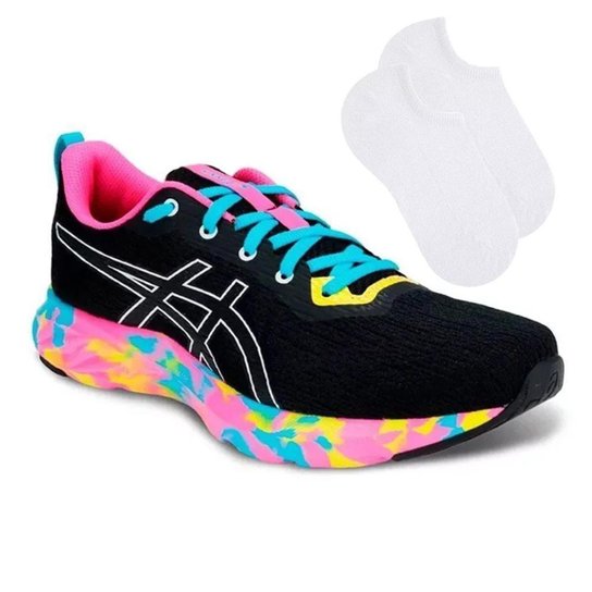 Kit Tênis Asics Versablast 2 Feminino + Par de Me - Preto+Rosa Menor preço em Kit Tênis Asics Versablast 2 Feminino + Par de Me - Preto+Rosa