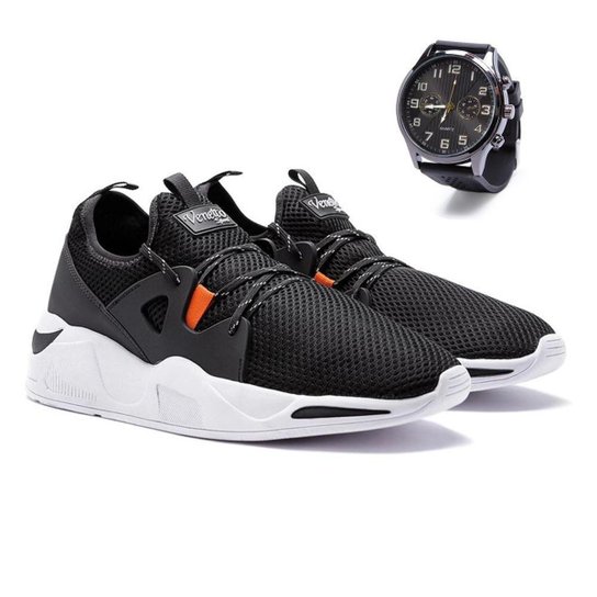 Kit Tênis Caminhada Venetto Cadarço Nylon Casual + Relógio - Branco+Preto Menor preço em Kit Tênis Caminhada Venetto Cadarço Nylon Casual + Relógio - Branco+Preto