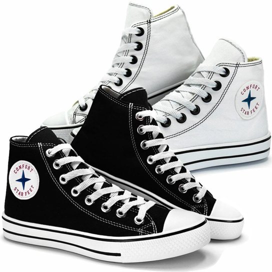 Kit Tênis Casual Cano Alto SapatoFran All SB Star Unissex - Preto+Branco Menor preço em Kit Tênis Casual Cano Alto SapatoFran All SB Star Unissex - Preto+Branco