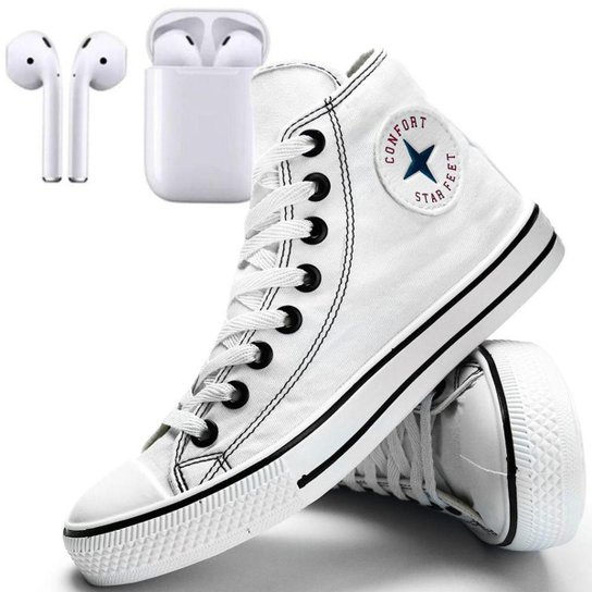 Kit Tênis Casual Cano Alto Star Feet SB Star Unissex + Fone Bluetooth - Branco Menor preço em Kit Tênis Casual Cano Alto Star Feet SB Star Unissex + Fone Bluetooth - Branco
