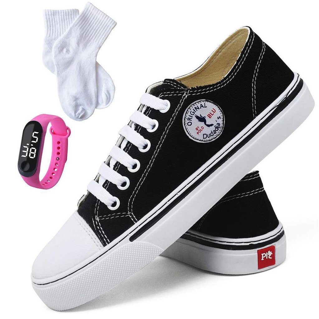 Kit Tênis Casual Feminino Clássico + Relógio Digital + Meia