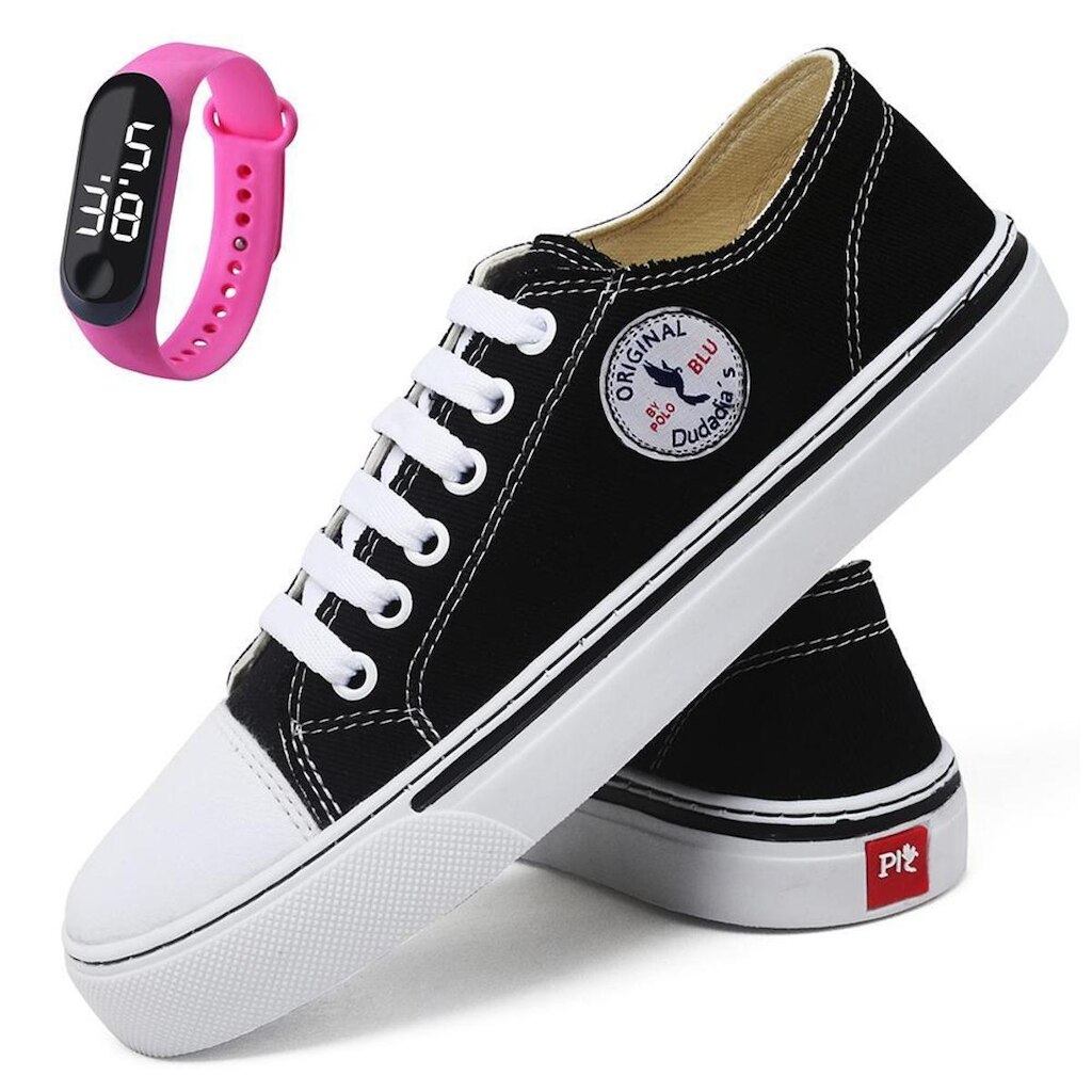 Kit Tênis Casual Feminino Liso Clássico + Relógio Digital