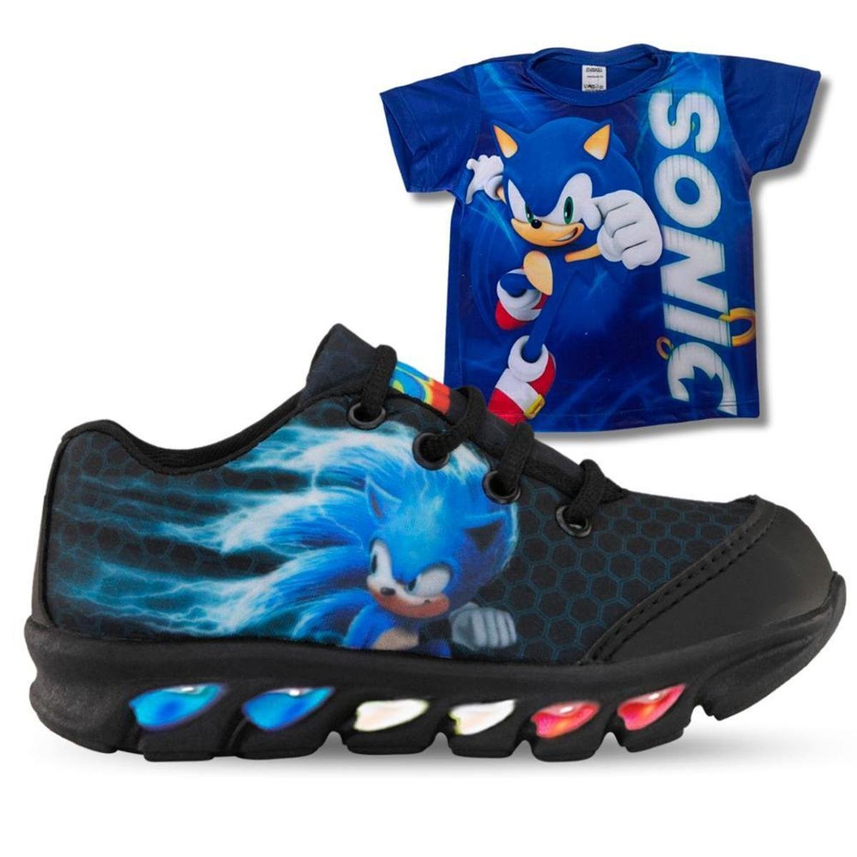 Kit Tênis De Led Infantil Menino Masculino Sonic + Camisa Menor preço em Kit Tênis De Led Infantil Menino Masculino Sonic + Camisa
