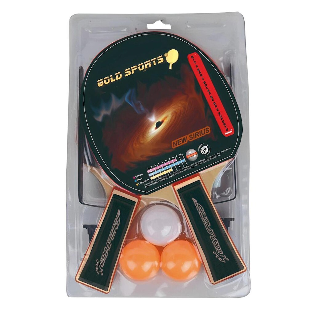 Kit Tênis de Mesa Gold Sports New Sirius - 2 Raquetes e 3 Bolas Rede e Suporte