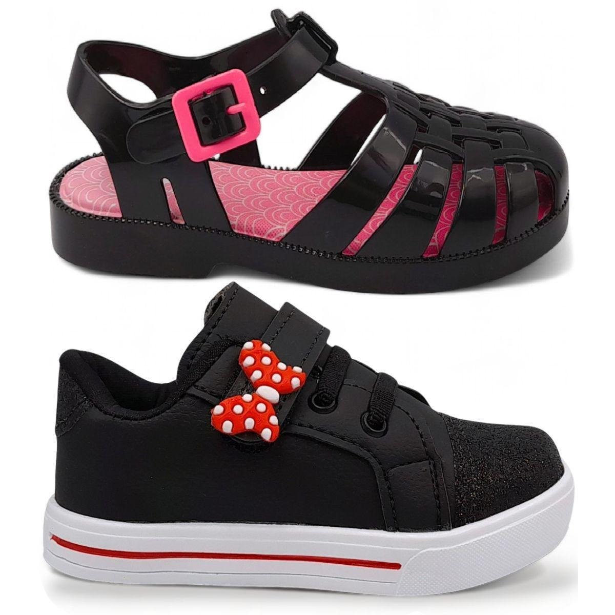 Kit Tenis e Sandalia Feminina Infantil Bebe Cegonha - Preto | Netshoes