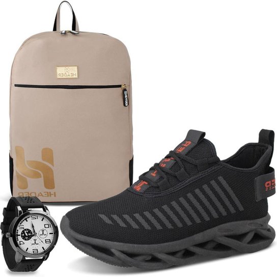 Kit Tênis Esporte Masculino Macio + Mochila + Relógio - Preto+Bege é ruim? Kit Tênis Esporte Masculino Macio + Mochila + Relógio - Preto+Bege é boa?