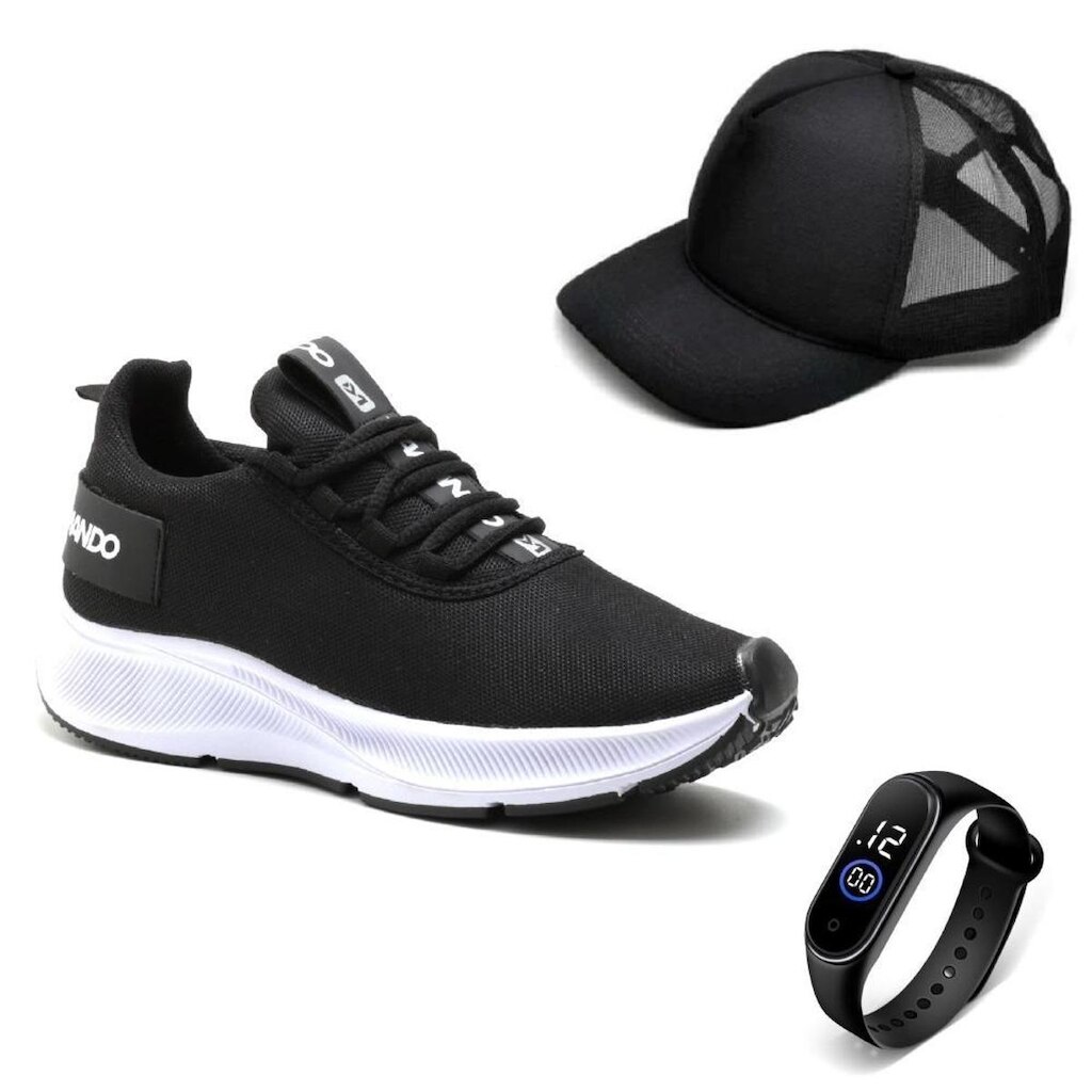 Kit Tênis Esportivo Calce Facil Masculino com Cadarço Relógio e Boné