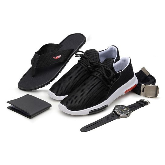 Kit Tenis Esportivo Poliester Masculino Com Chinelo de Dedo Tira Grossa Cinto Carteira e Relogio - Preto Menor preço em Kit Tenis Esportivo Poliester Masculino Com Chinelo de Dedo Tira Grossa Cinto Carteira e Relogio - Preto