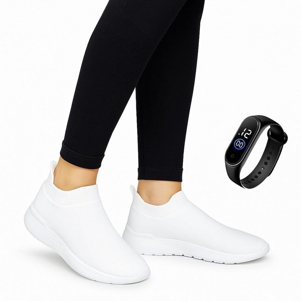 Kit Tenis Feminino Meia Calce Facil Sem Cadarço Leve e Confortavel com Relógio