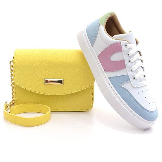 Kit Tênis Feminino Sola Baixa + Bolsa Corrente Ombro - Amarelo Menor preço em Kit Tênis Feminino Sola Baixa + Bolsa Corrente Ombro - Amarelo