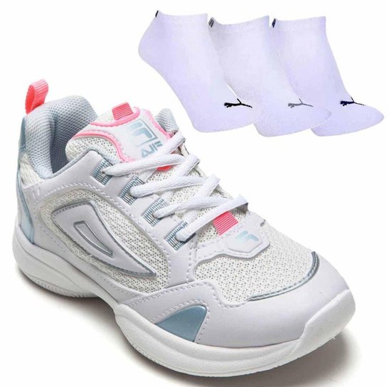 Kit Tênis Fila Attrek Juvenil + 3 Pares de Meia - Branco+Azul Menor preço em Kit Tênis Fila Attrek Juvenil + 3 Pares de Meia - Branco+Azul