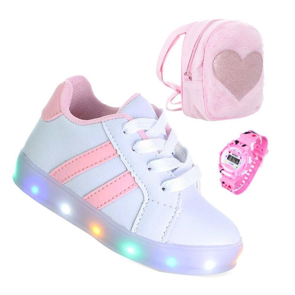 Kit Tenis Infantil com Luz Led Menina Branco e Rosa Mais Mochila + Relógio