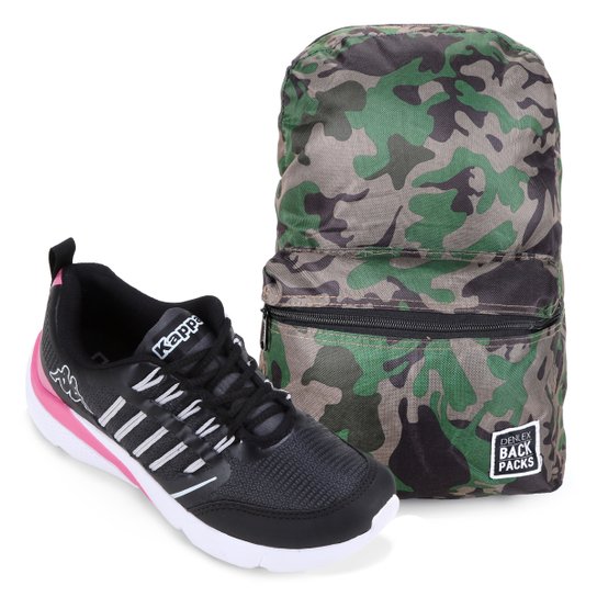 Kit Tênis Kappa Rex Feminino + Mochila Denlex - Preto+Pink Menor preço em Kit Tênis Kappa Rex Feminino + Mochila Denlex - Preto+Pink